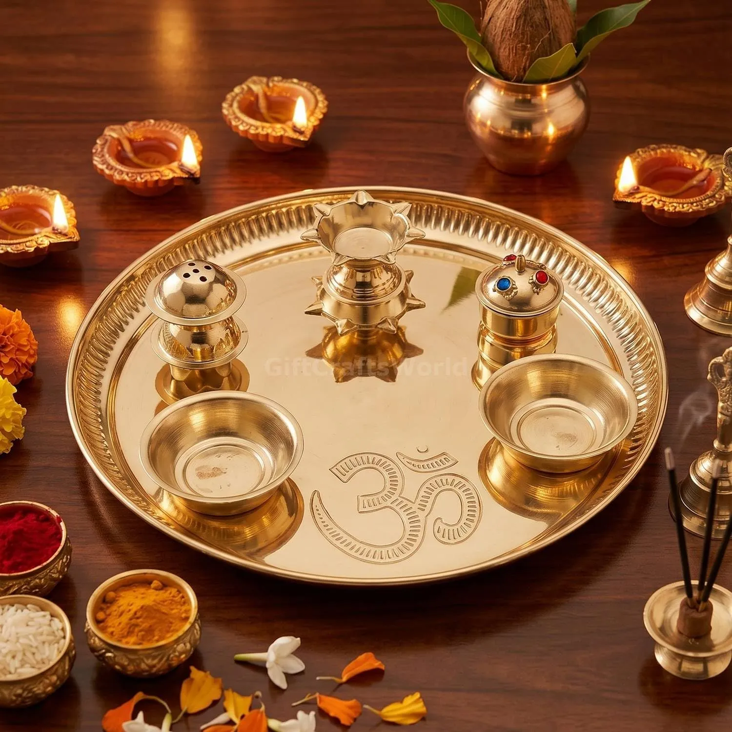 9 Inch Pure Brass Fixed Pooja Thali Set, Om Embossed Traditional Aarti Plate With Aggarbatti Stand